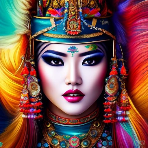 Mongolian Woman Portrait in Traditional Clothing