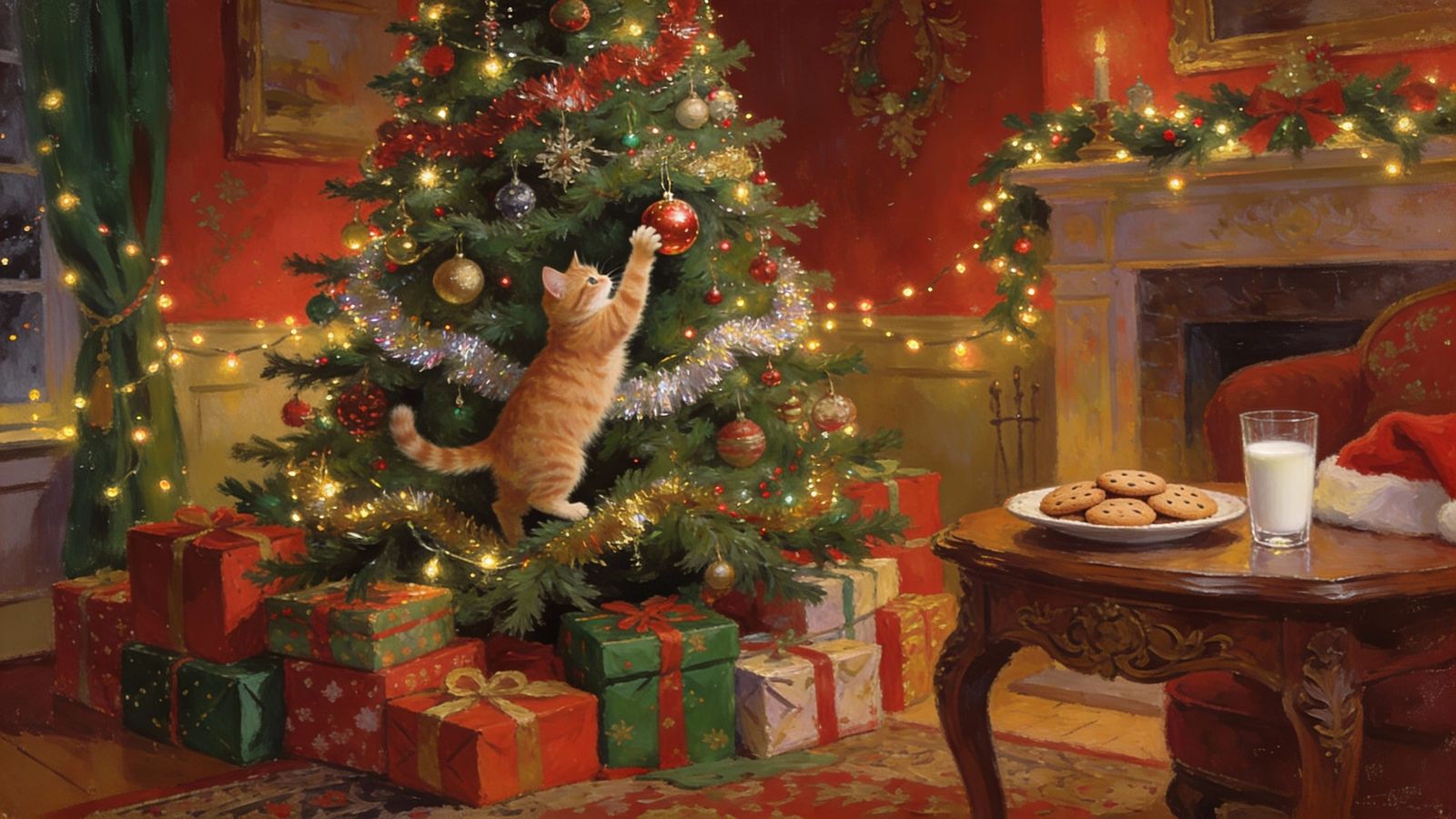 Cozy Christmas Living Room with Cat and Gifts