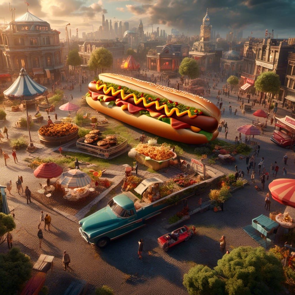Giant Hot Dog and Mini Burger in Hyperrealism