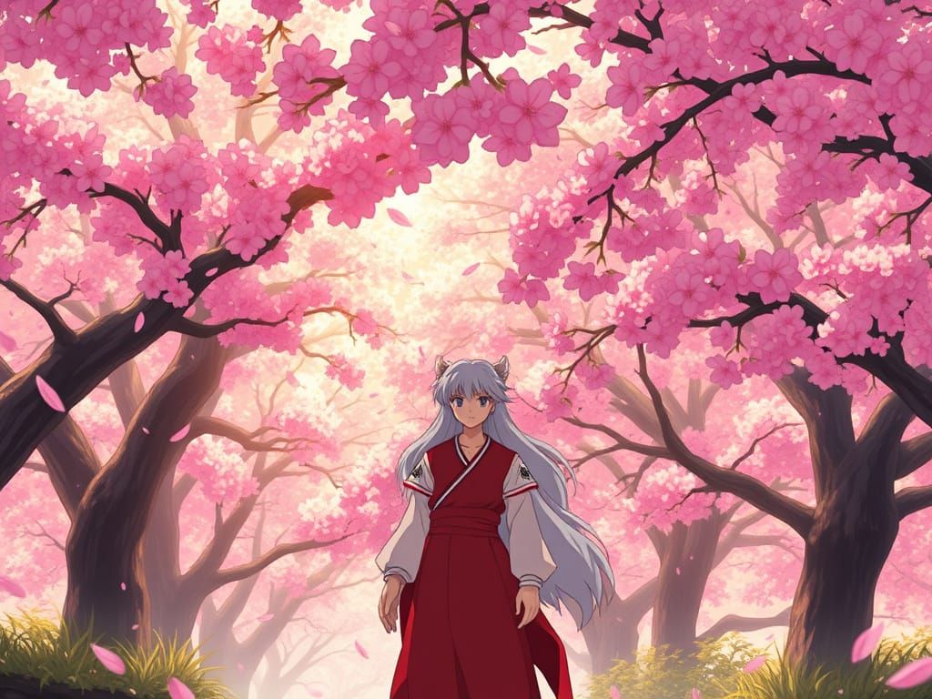 Majestic Inuyasha Under Cherry Blossoms in Vibrant Anime Sty...