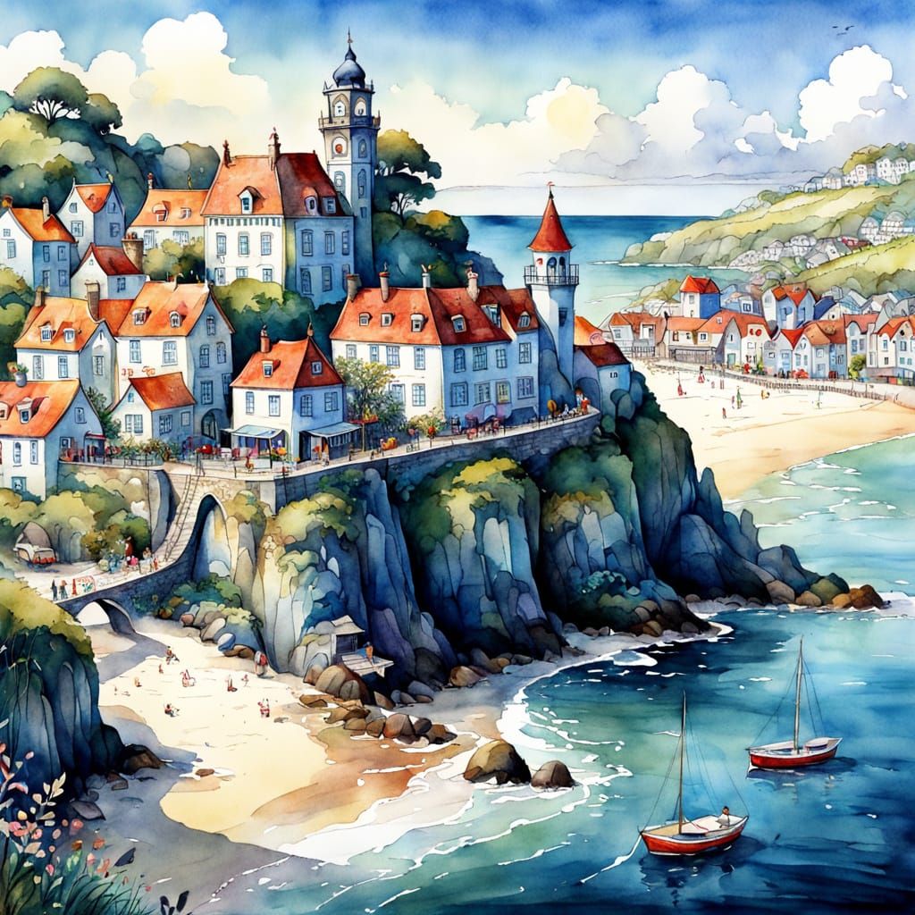 Whimsical Seaside Town Watercolour Illustration