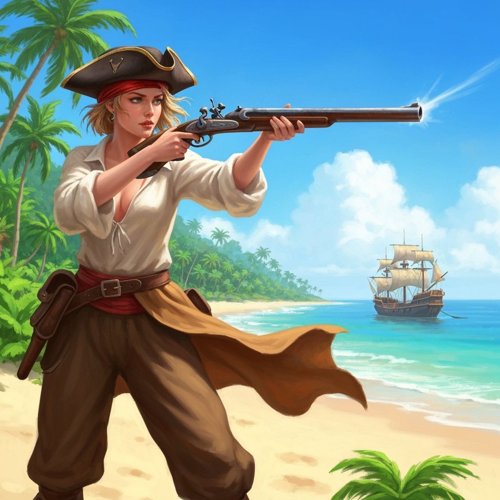 Blonde Pirate Woman Fires Pistol on Sunny Beach