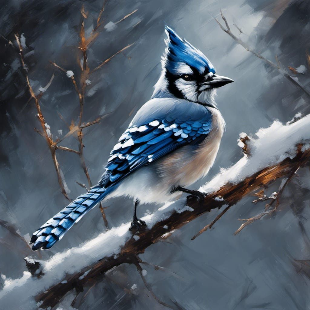 Bluejay on Snowy Branch in Oil Painting Style