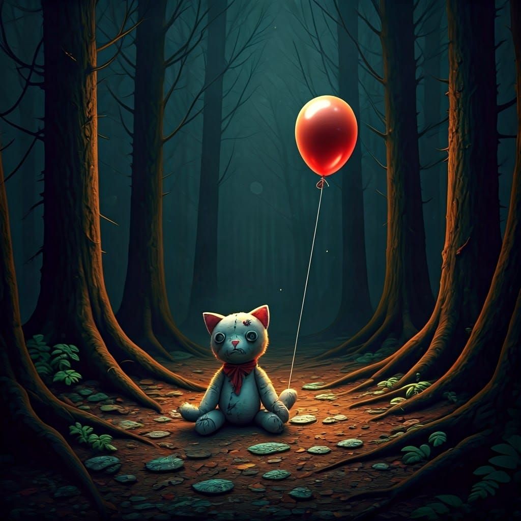 Abandoned Toy Cat in Dark Forest, Steampunk Engine