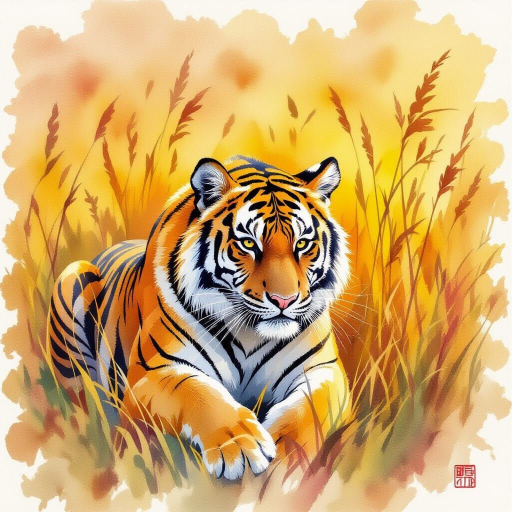 Bengal Tiger Stalking Through Golden Grass in Watercolor Sty...