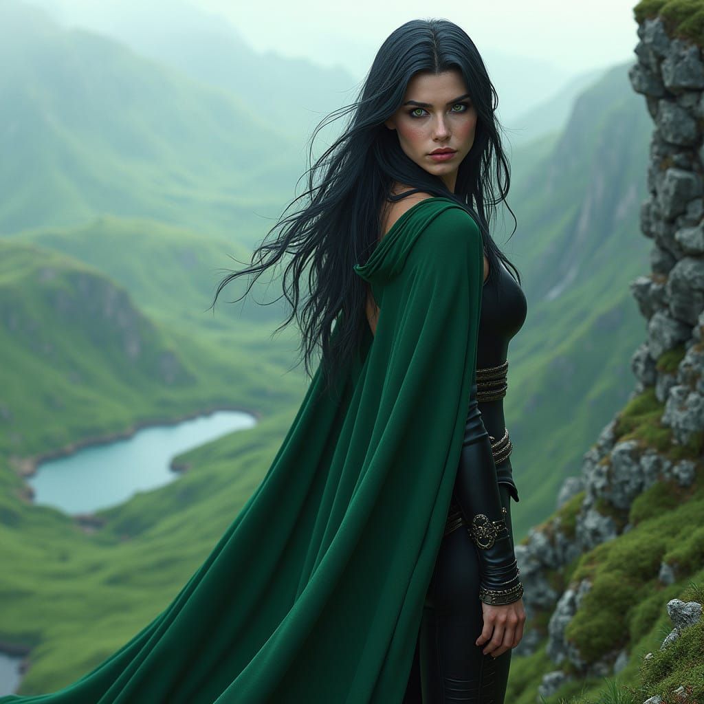 Emerald Druidess Amidst Mysterious Irish Landscape