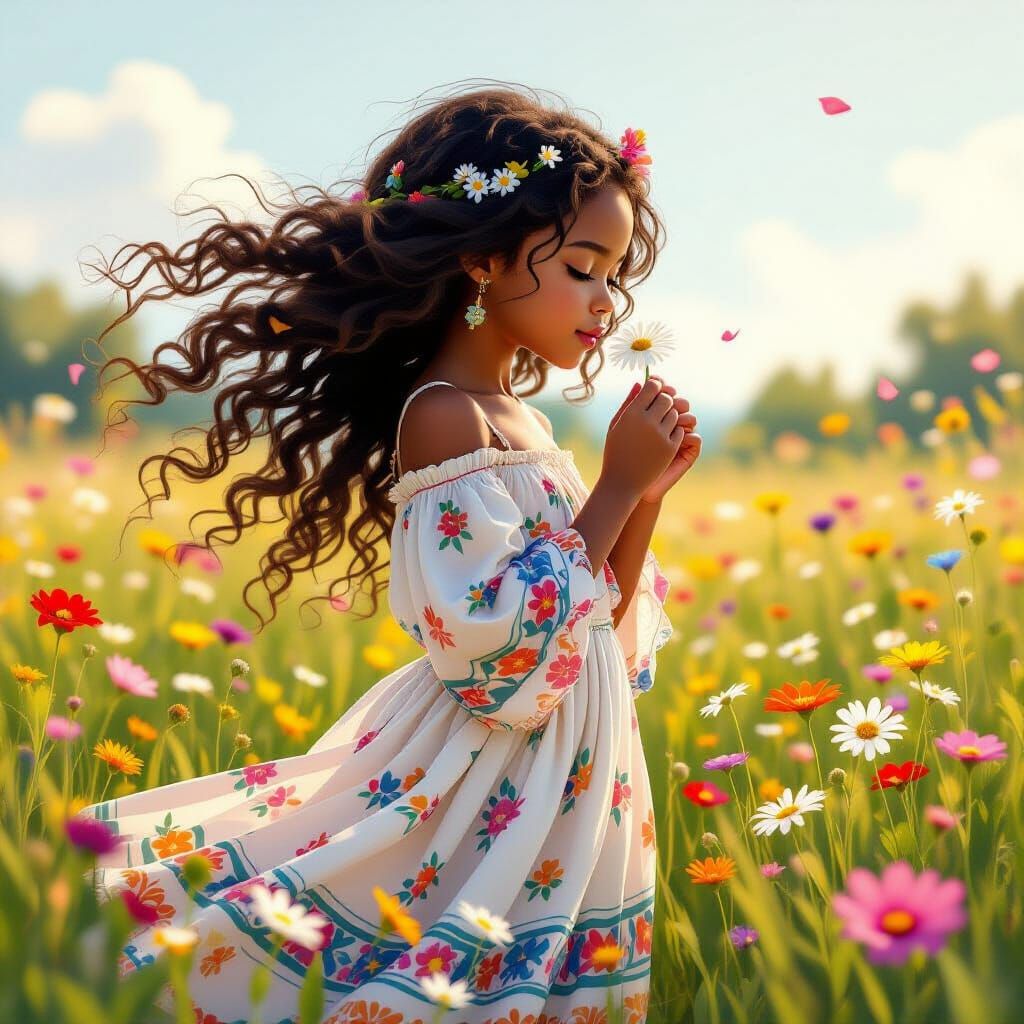 Black Girl Smelling Daisy in Flower Field