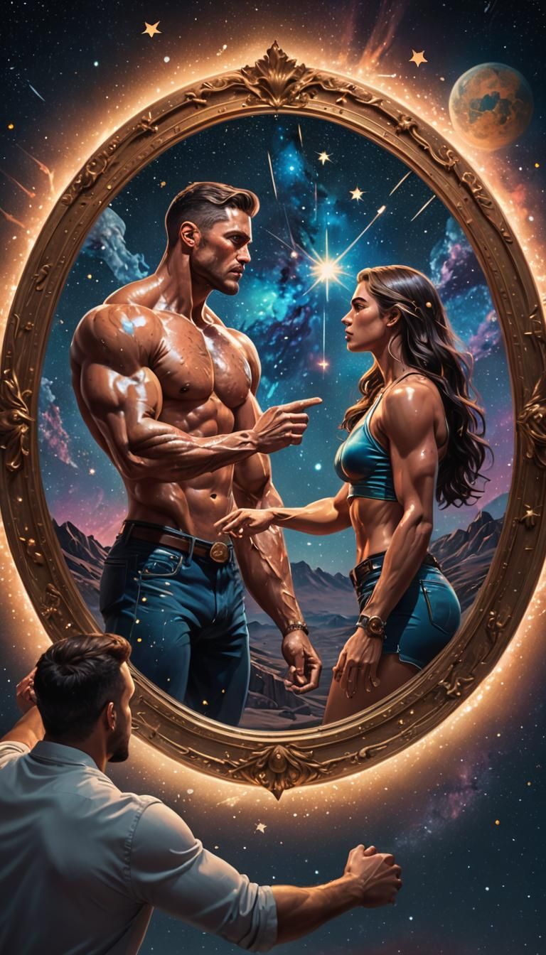 Hyperrealistic Man Sees Female Reflection in Mirror