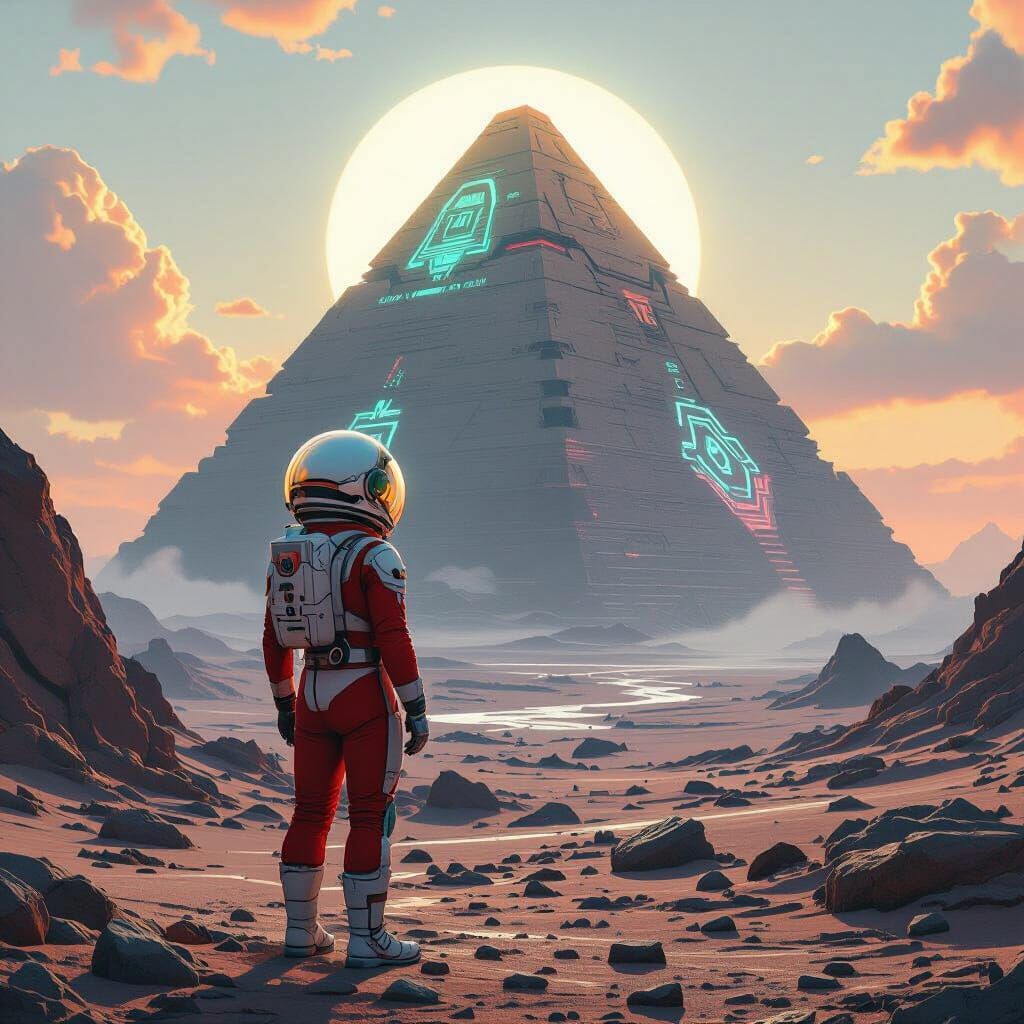 Explorer Views Alien Pyramid on Windswept Planet