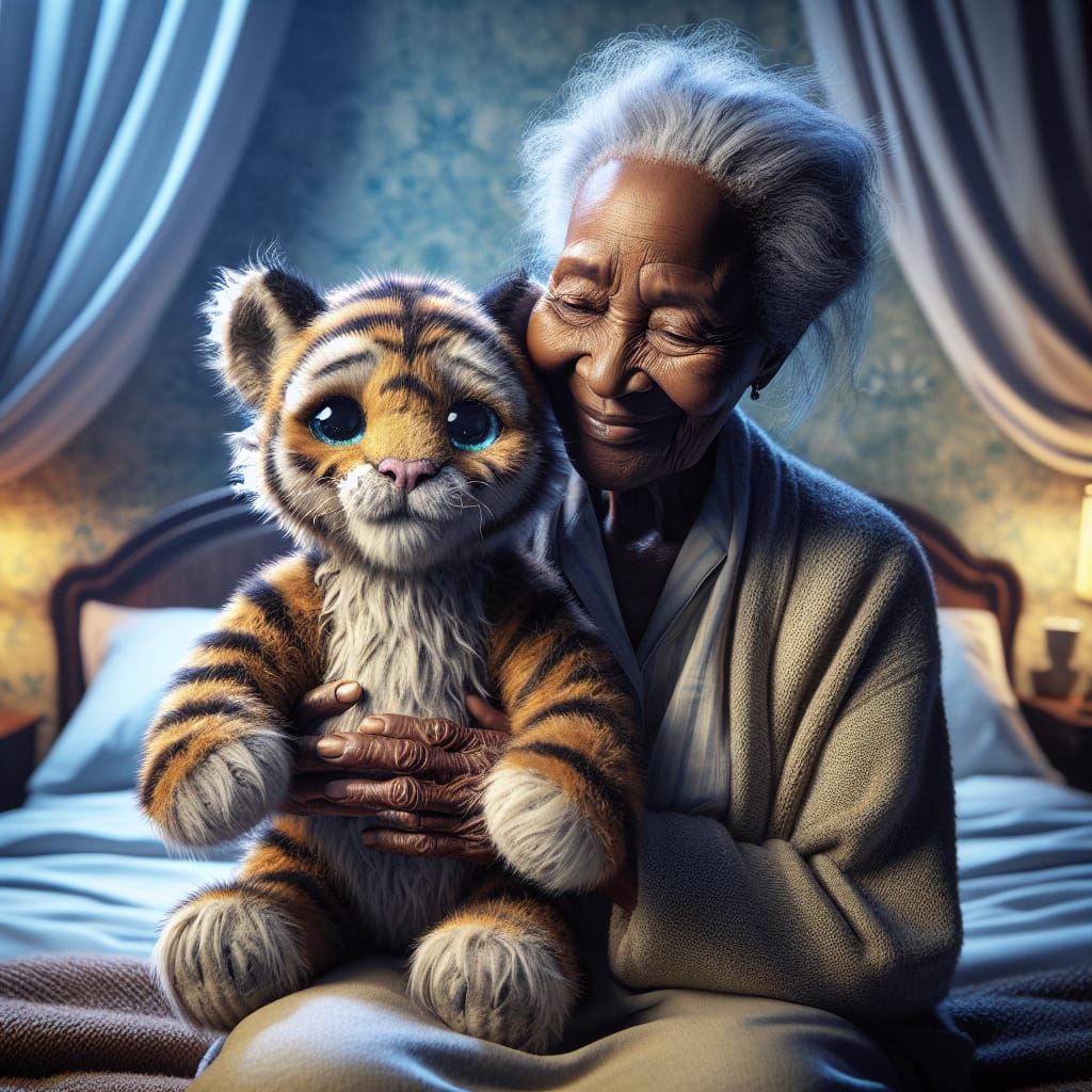 Elderly Woman's Affectionate Embrace of Tiger Plushie