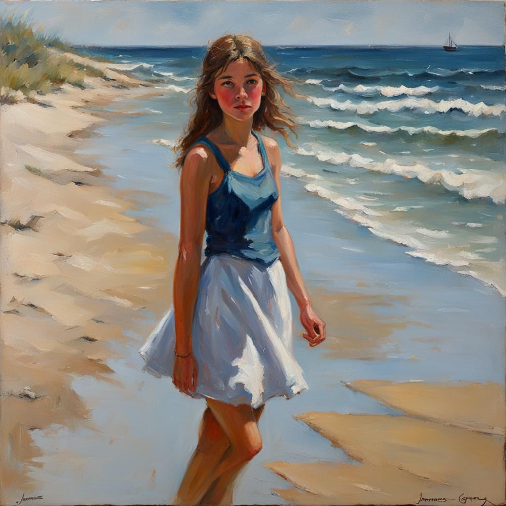 Young Girl at Beach in Oil Painting Style