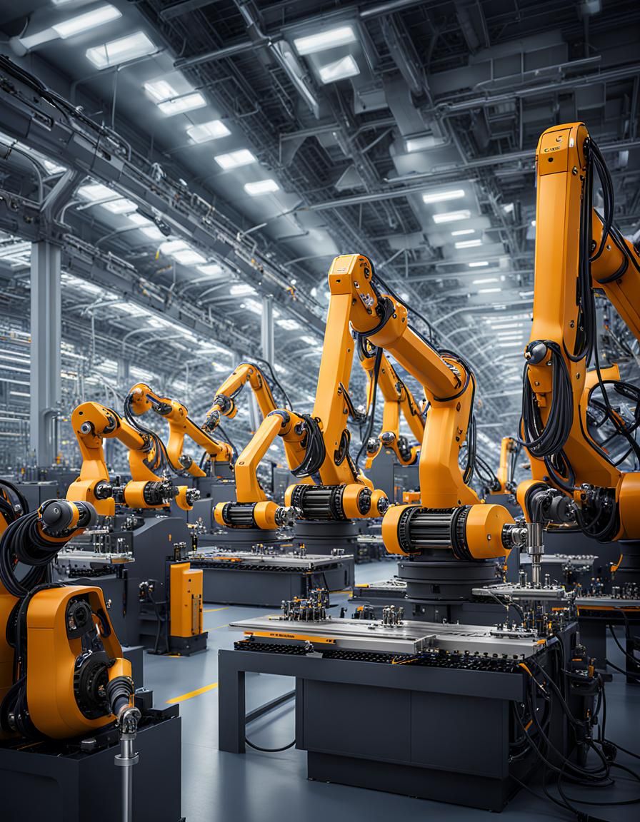 Futuristic Machine Factory with Robotic Arms, Digital Artwor...