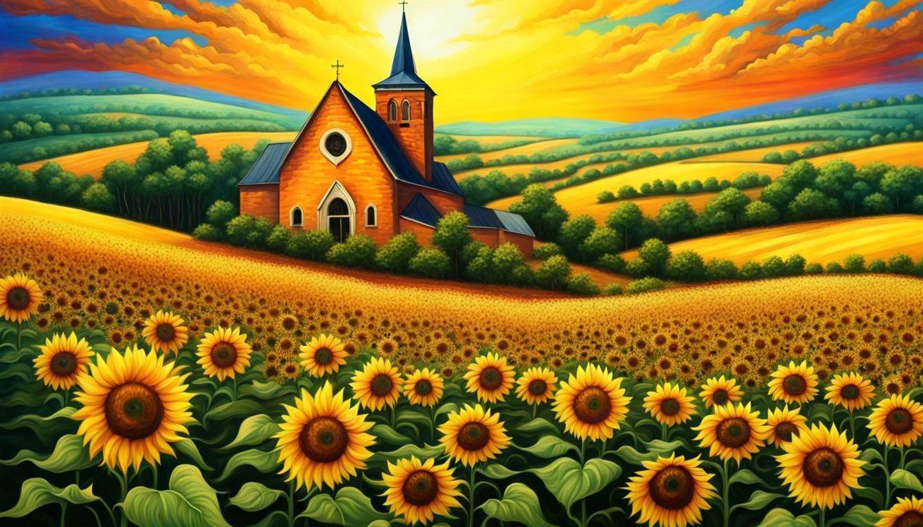 Golden Sunflower Field with Village Church