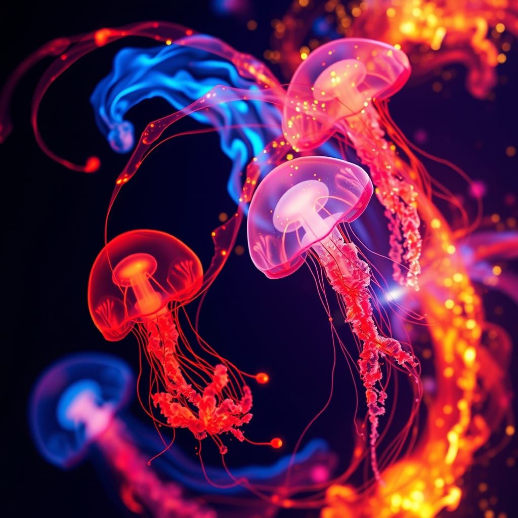 Fiery Arcs and Fluid Forms: Abstract Jellyfish and Fireworks