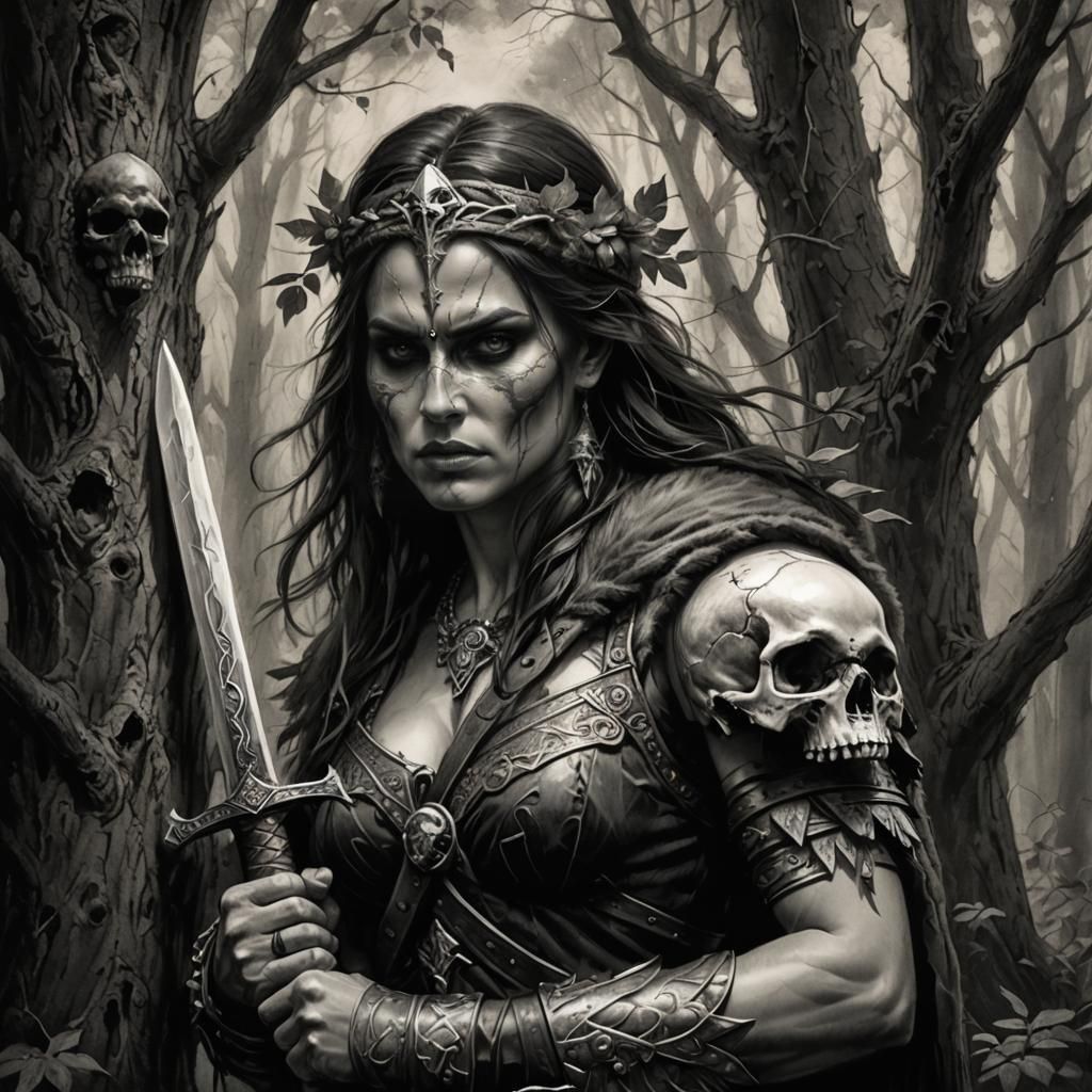 Mysterious Barbarian Woman with Skull in Forest