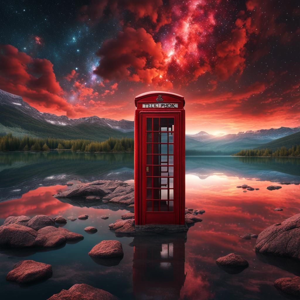 Nebula Sky Over Red Phone Box on Lake