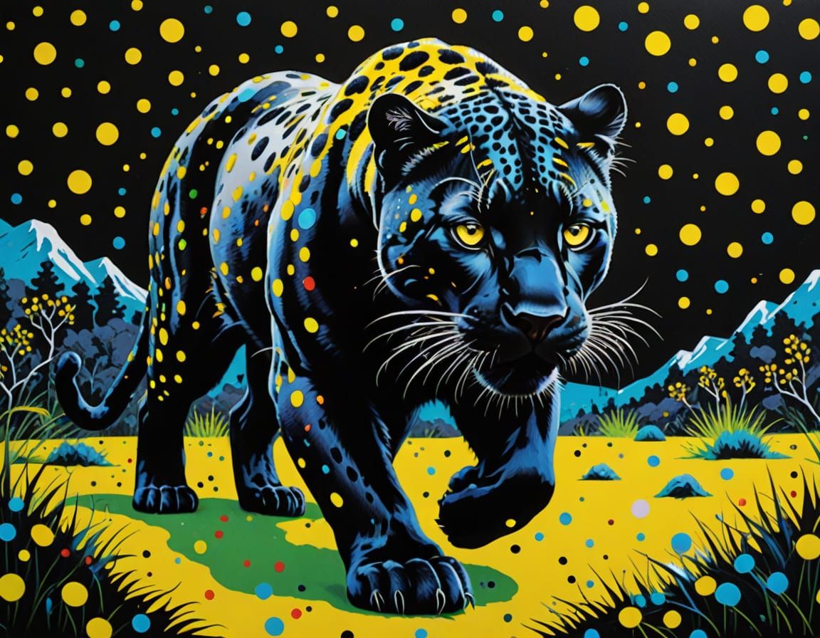 Panther Prowling in Surreal Polka Dot Landscape