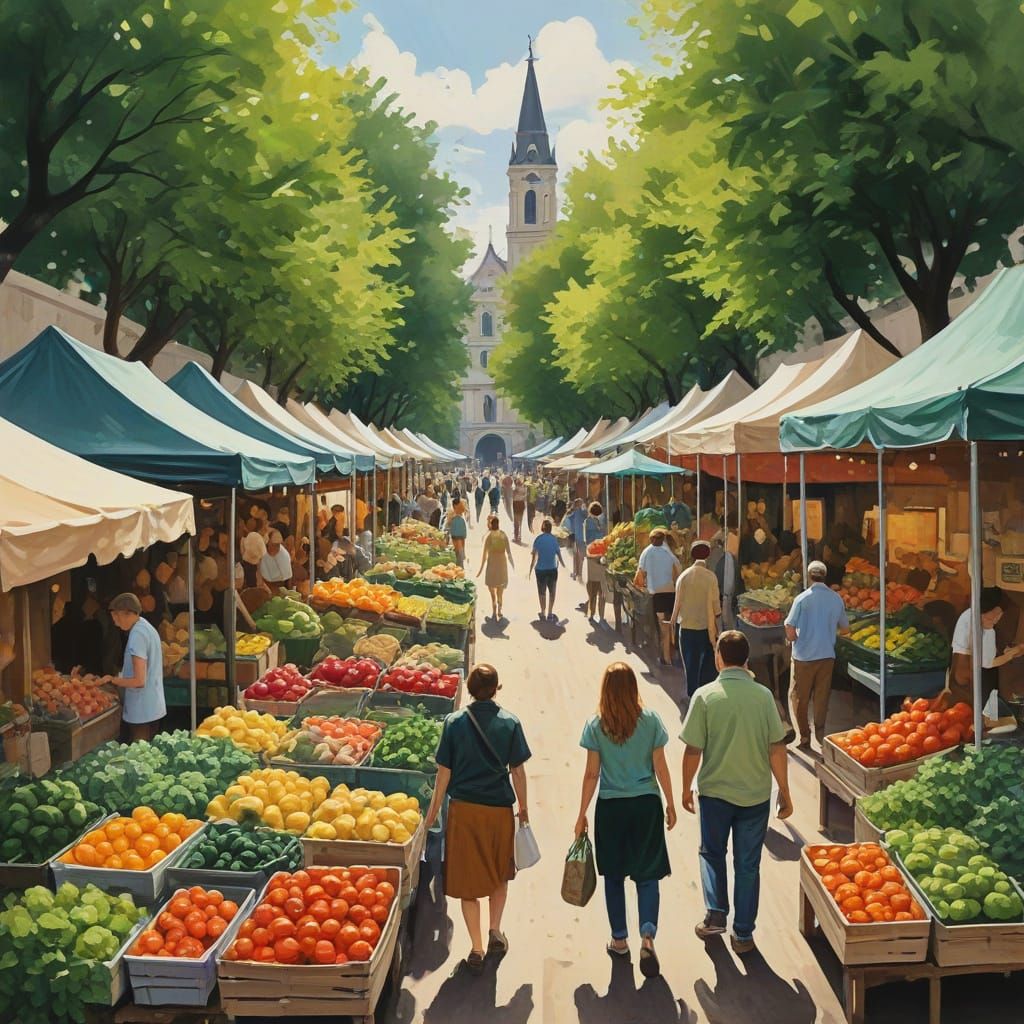 Vibrant Farmers Market Scene in Impressionist Style