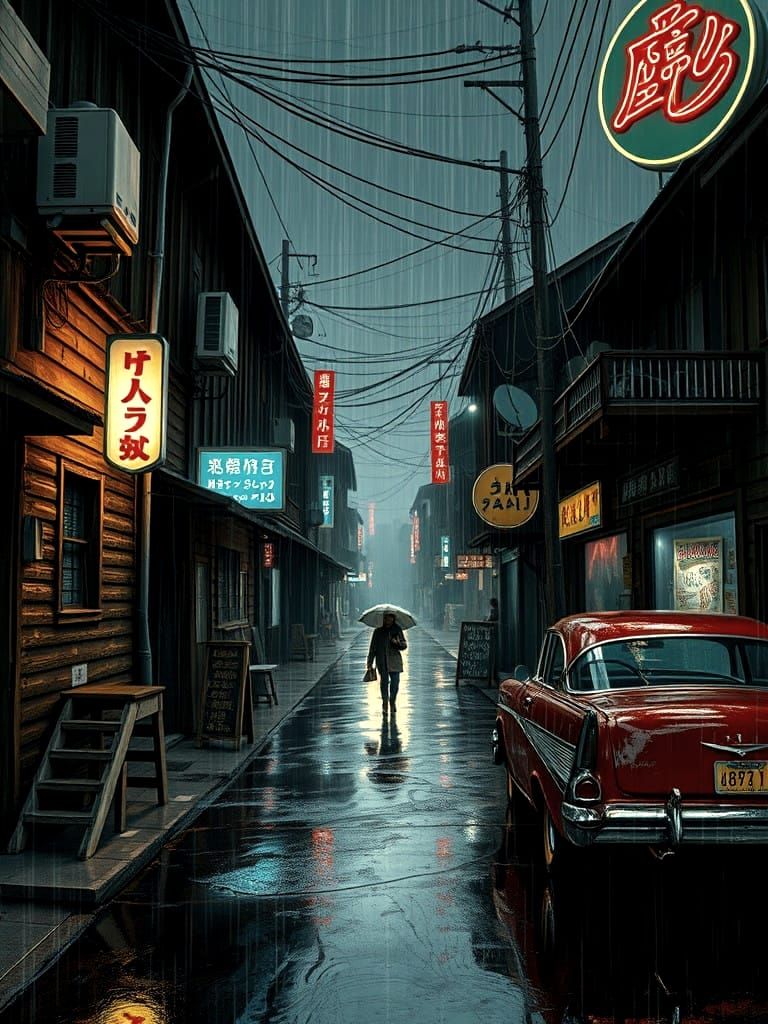 Cyberpunk Dystopian Cityscape Under Rainy Night