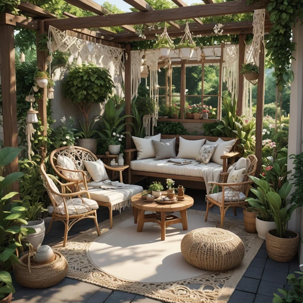 Aesthetic Garden Porch with Macrame in 3D Anime Art