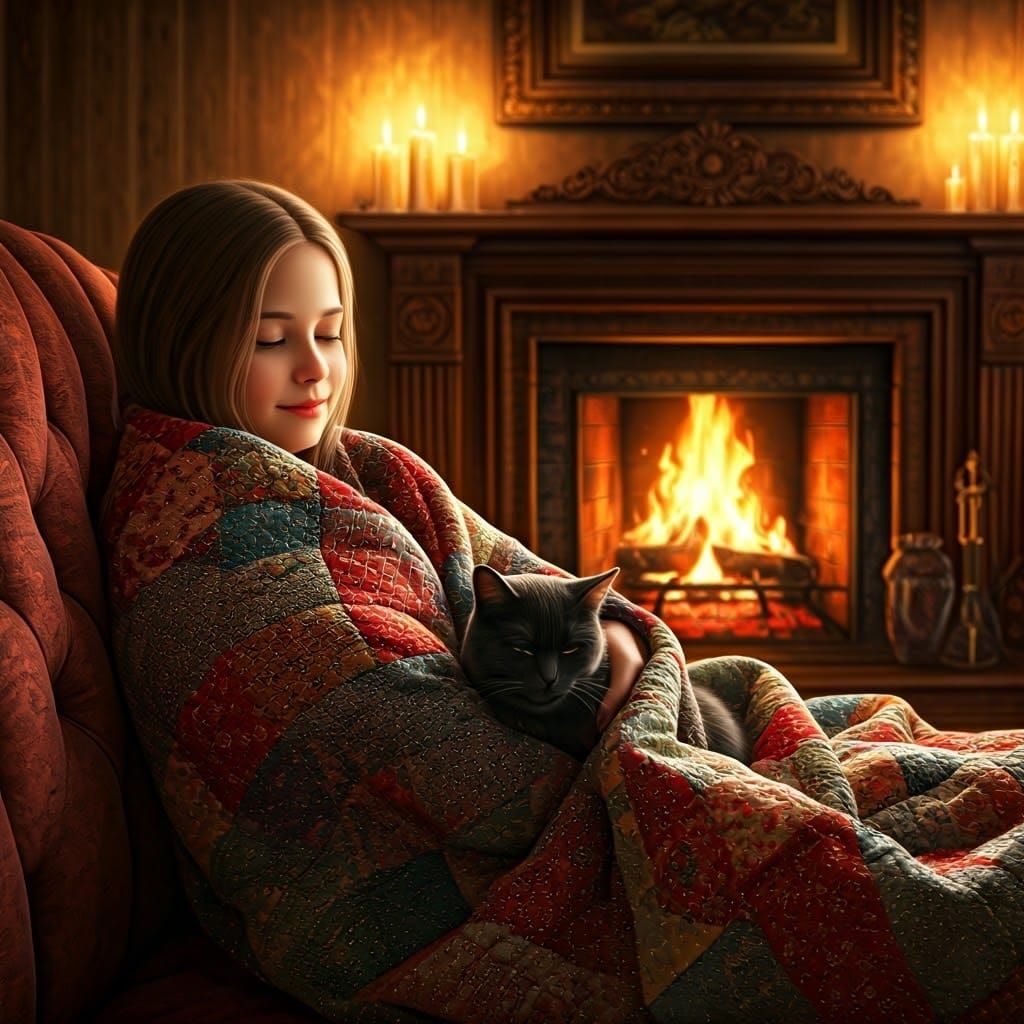 Cozy Girl by Fireplace with Cat in Realist Style