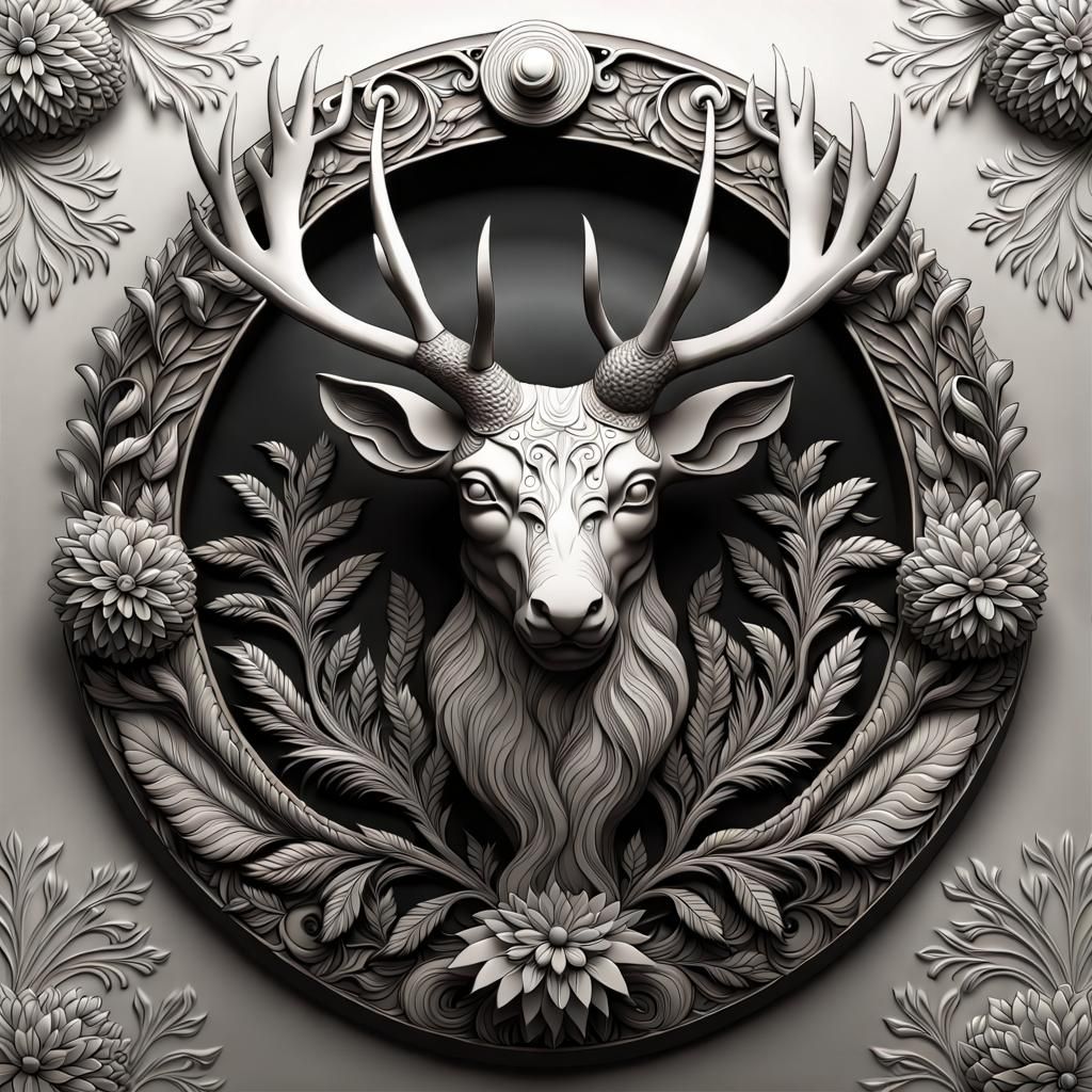 Stag Head Wreath in Bas-Relief, Monochrome Art