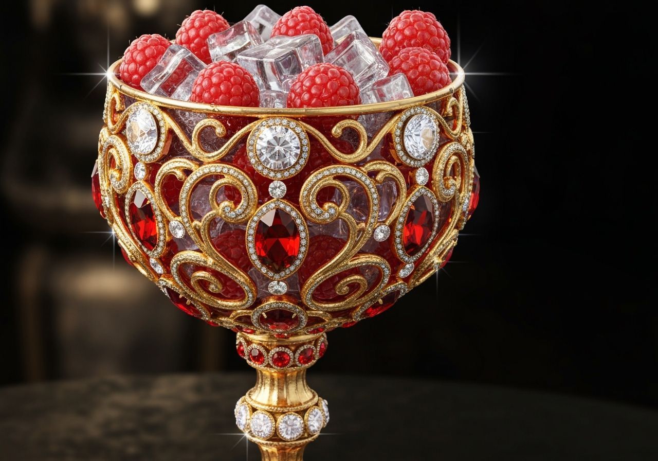 Ornate Golden Goblet with Raspberries and Ice