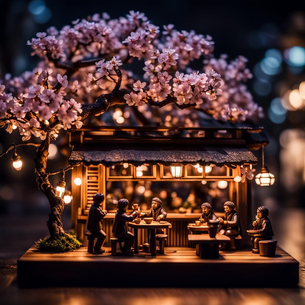 Miniature Wooden Cafe with Cherry Blossom Bonsai