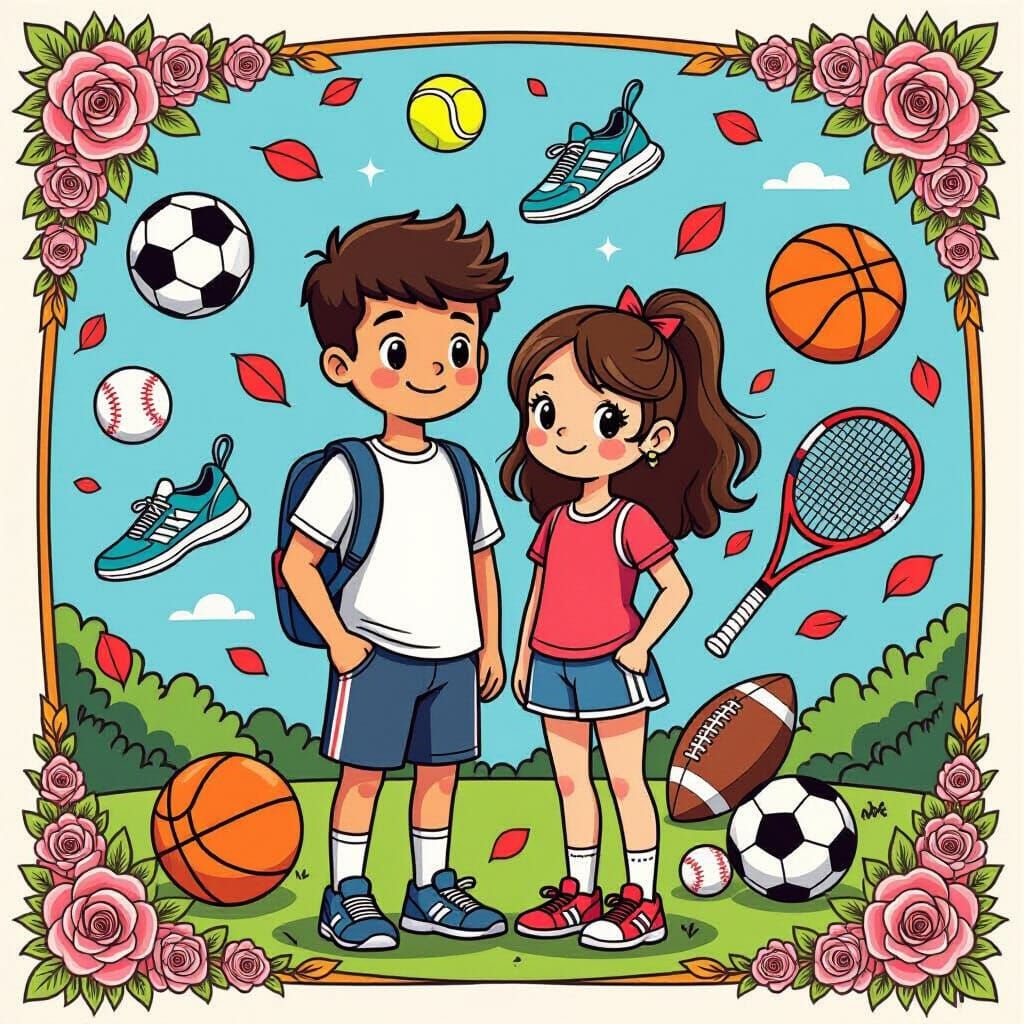 Young Couple Amidst Sports Gear with Falling Leaves