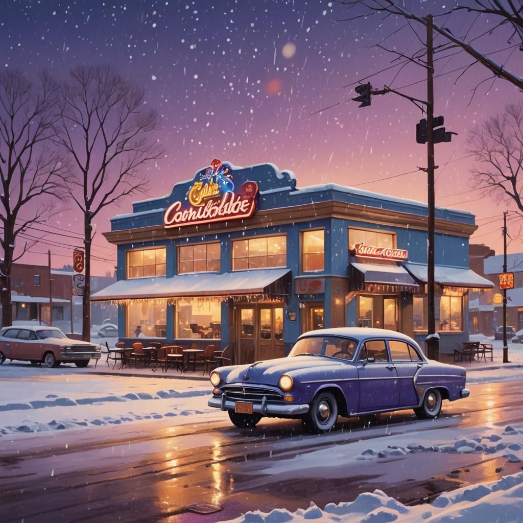 Snowy Night Café on Route 66 in Surreal Style