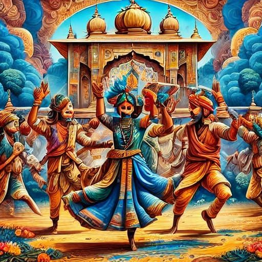 Bharatanatyam Dancers in Crimson, Saffron, and Blue