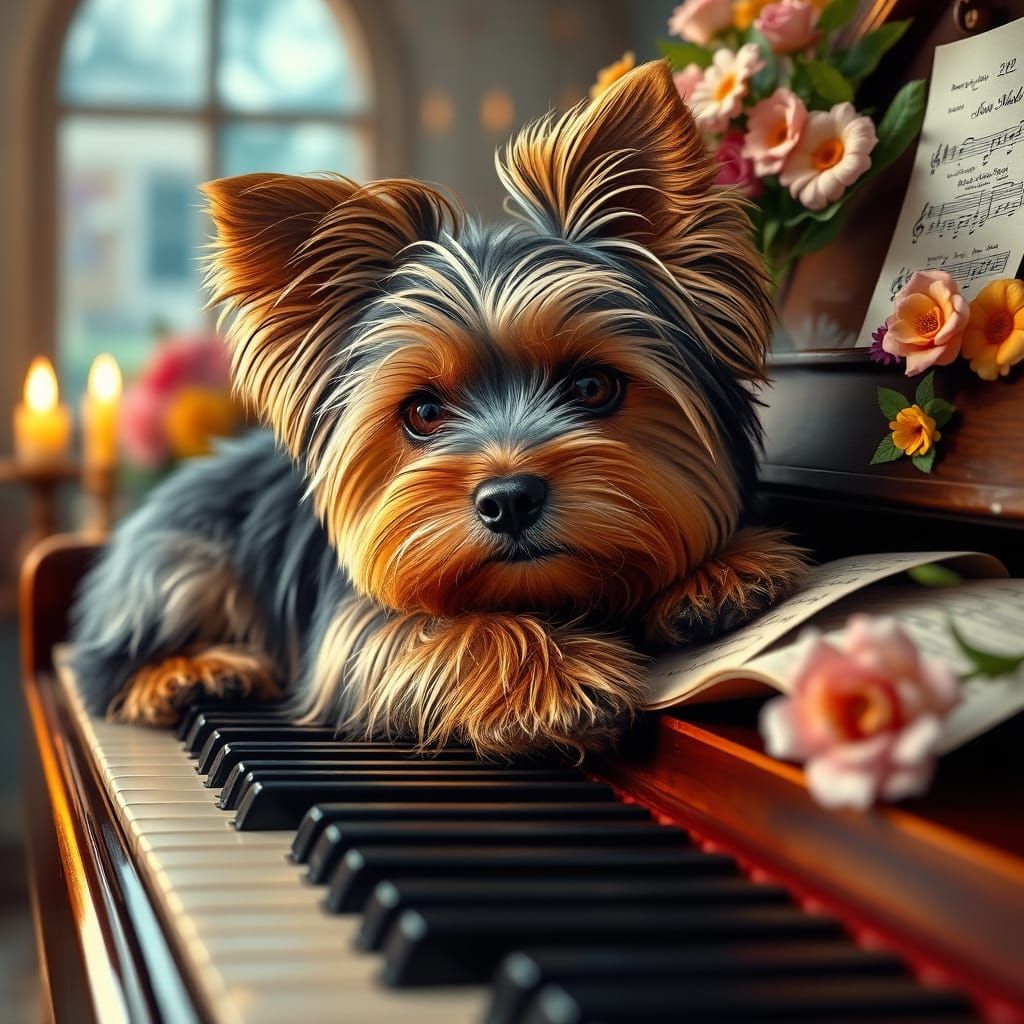 Yorkie laying on piano