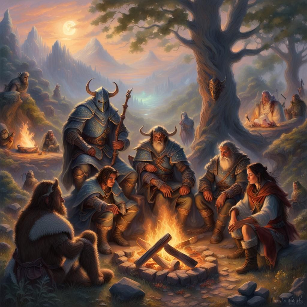 Fantasy Adventuring Party Around Campfire, High Fantasy Styl...