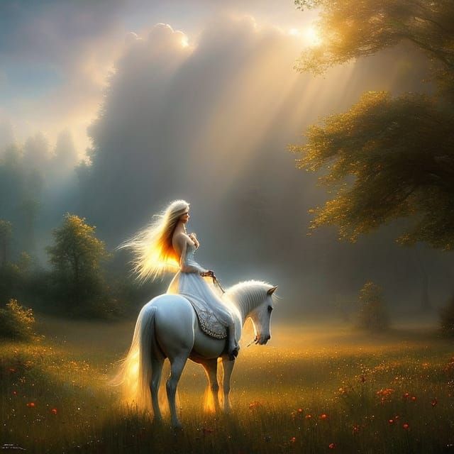 Woman on White Horse in Summer Meadow