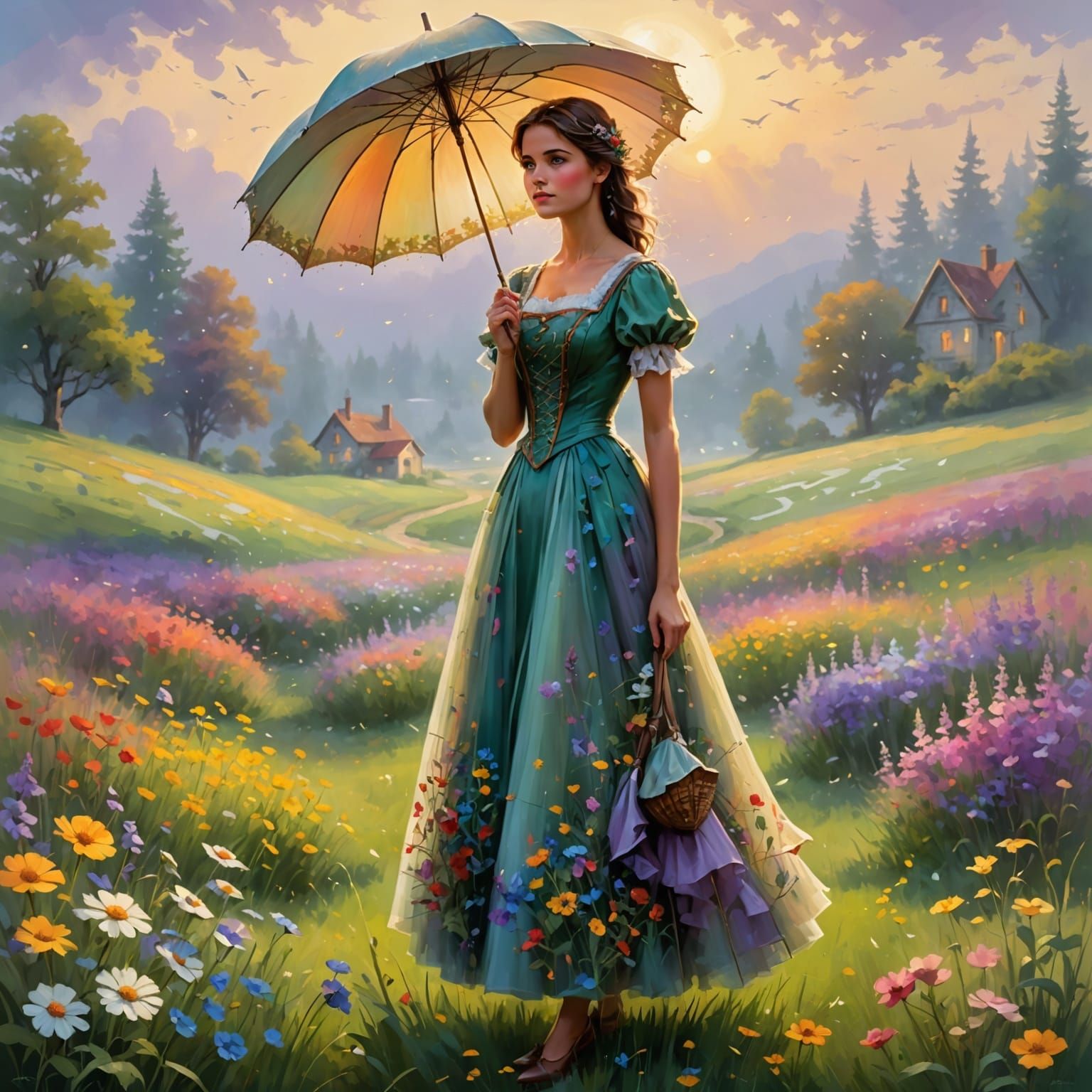 Robin in Floral Dress with Parasol in Field