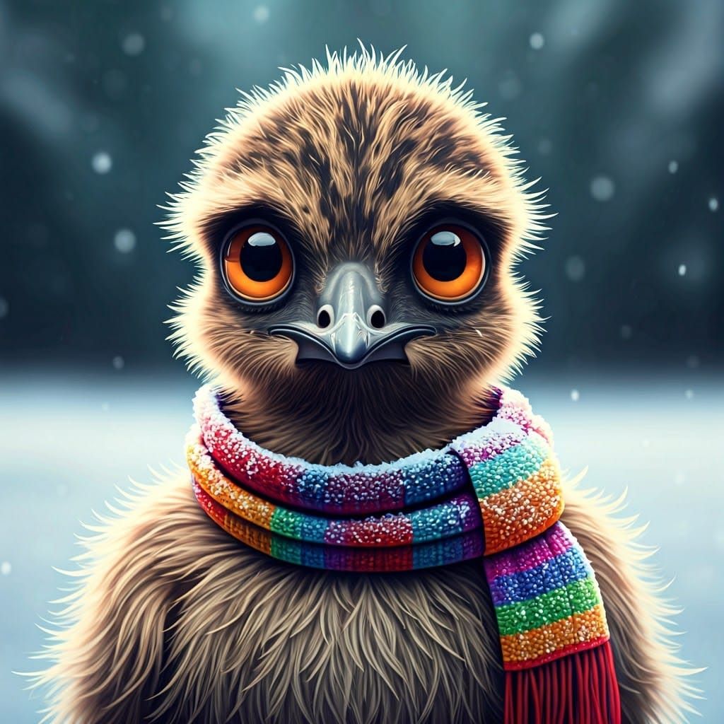 Sad Baby Emu in Snowy Landscape: Digital Portrait