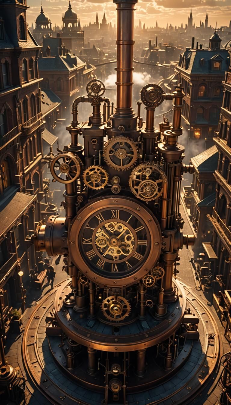 Elaborate Steampunk Cityscape with Clockwork Mechanism