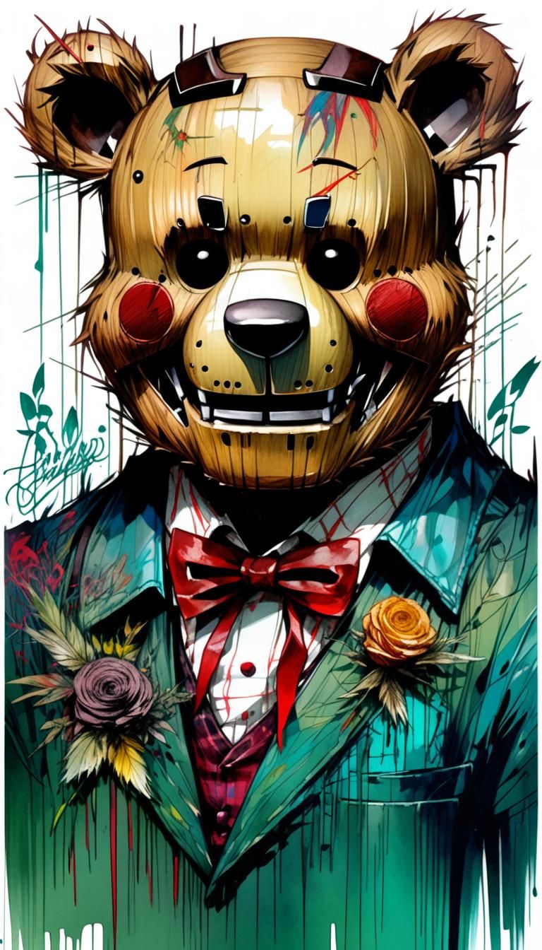 Dark Fantasy Freddy Fazbear in Mixed Media Style