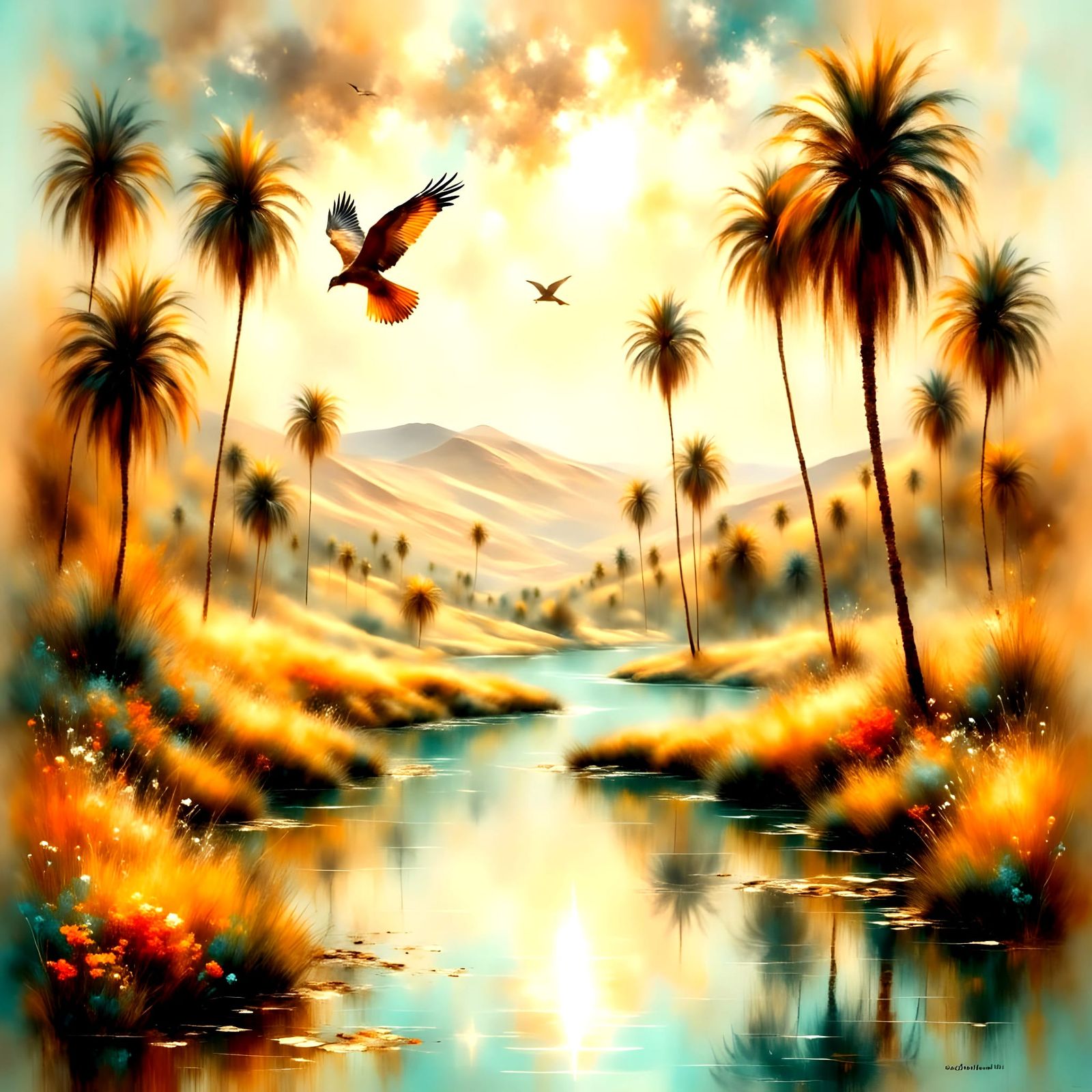 Oasis in Golden Hour, Desert Paradise in Soft Focus