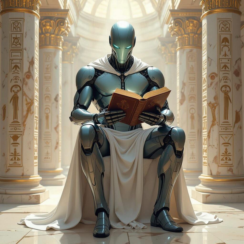 Cybernetic Angel with Ancient Book in Futuristic Style