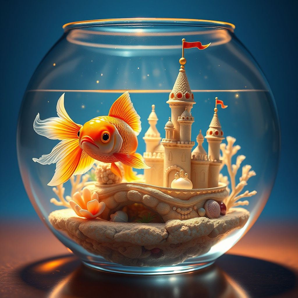 Happy Goldfish in Underwater Castle, Hyper-Realistic