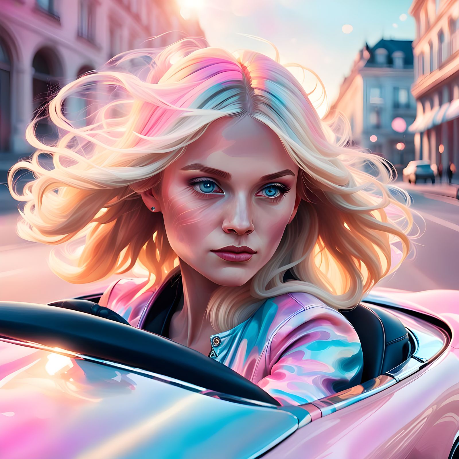 Blonde Woman Driving a Pastel Bugatti