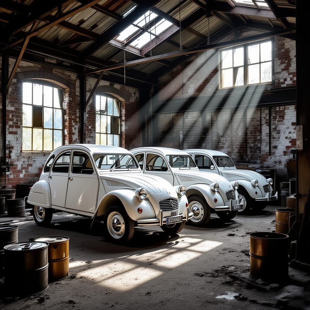 Abandoned Citroën 2CV Trucks in Sunlit Workshop