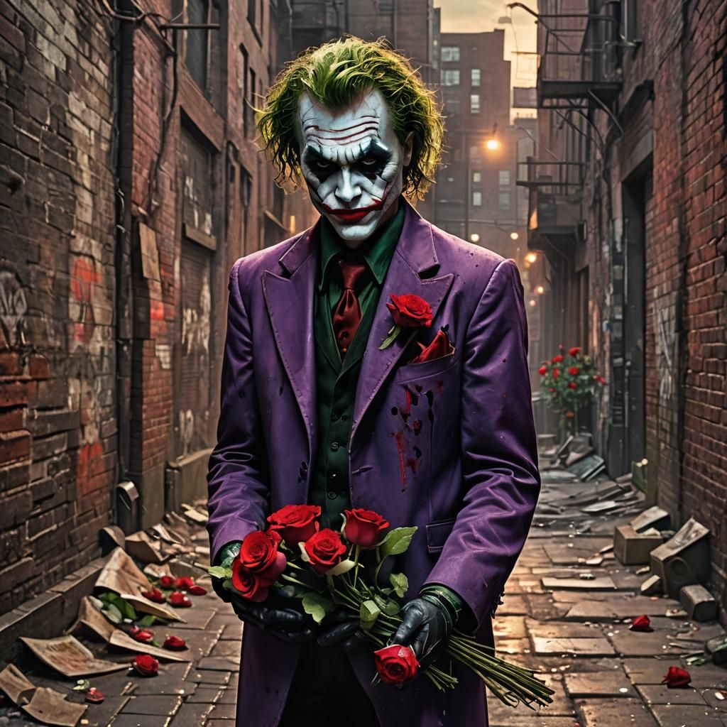 Joker presenting a bouquet of crimson roses, intense eye con...