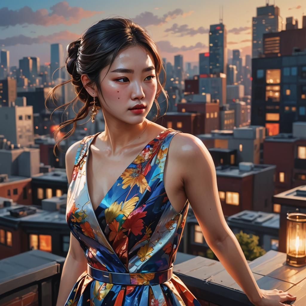 Korean Girl at Rooftop Party in Splash Art Style