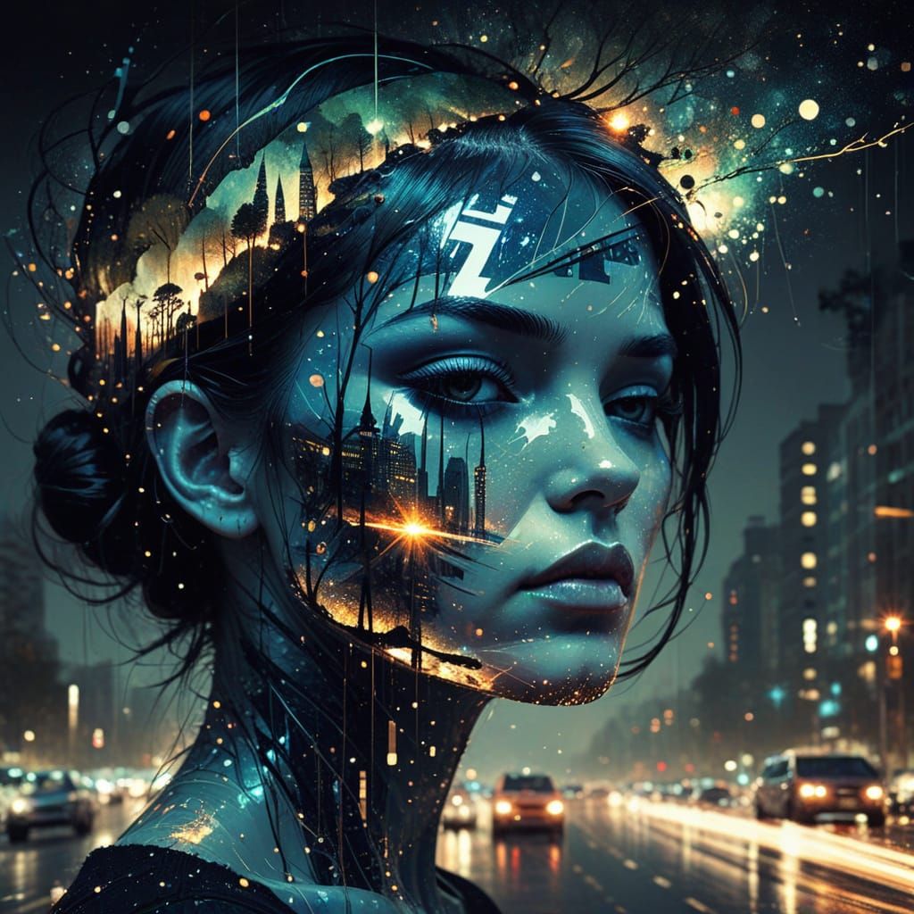 Galaxy Merging with Cityscape in Double Exposure