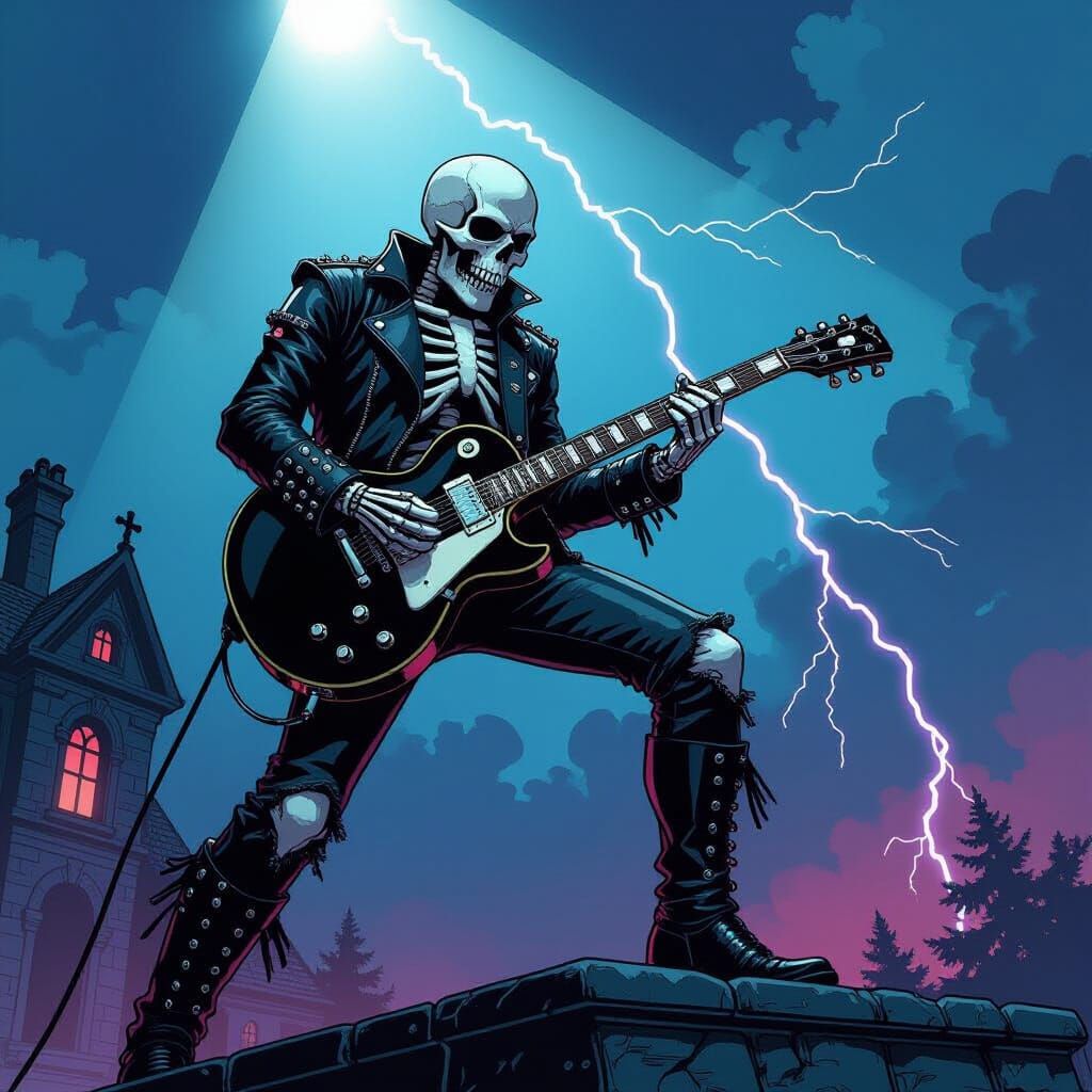 Skeleton Rocker Shreds Guitar Atop Gothic Mansion