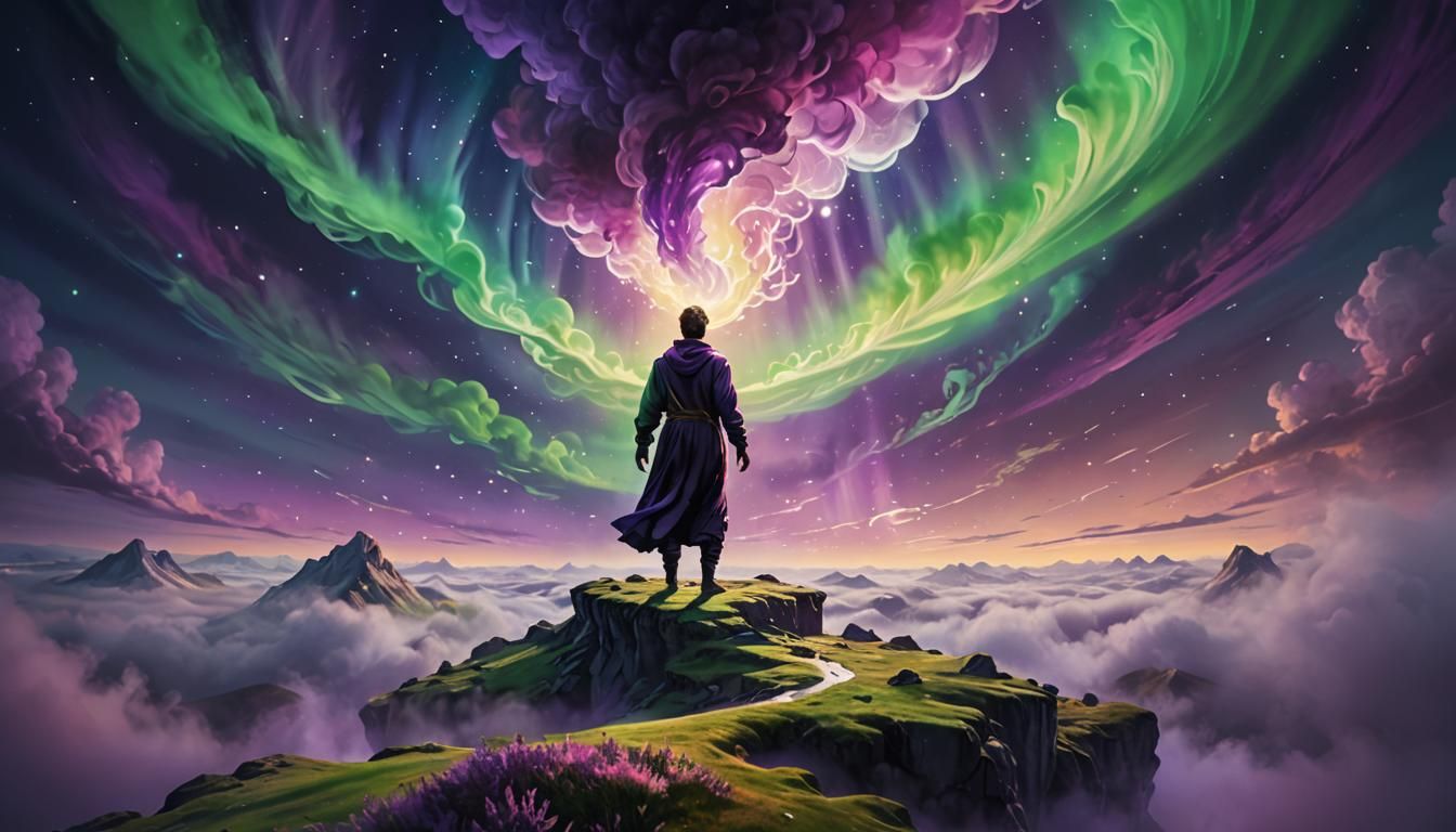 Ethereal Figure Floating in Aurora Mist, Surreal Oil Paintin...