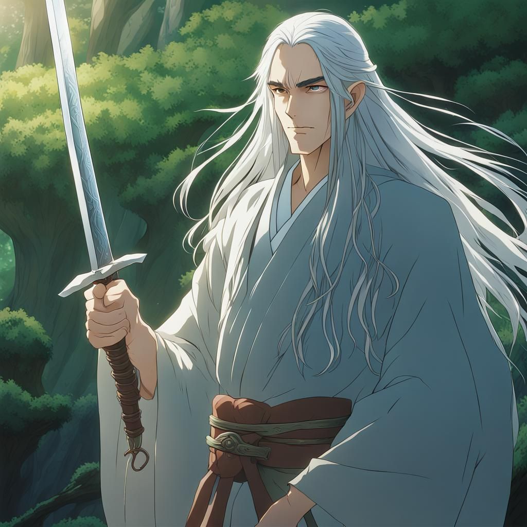 Elven Swordsman in Anime Key Visual Style