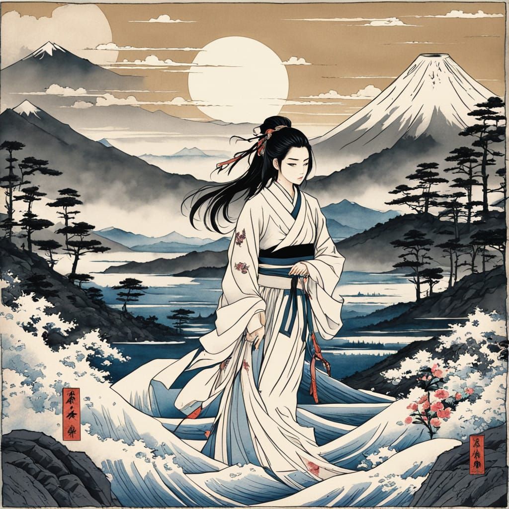 Serene Japanese Woman in Traditional Attire Amidst Majestic...